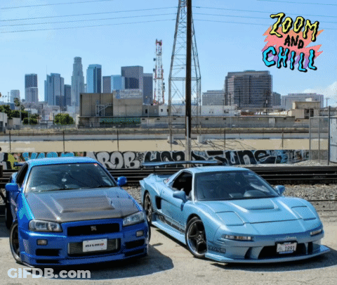 Two Cars Are Parked Next To Each Other And The Words Zoom And Chill Are Visible GIF