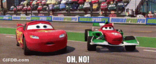 Two Cars Are Racing On A Race Track And The Words Oh No Are On The Bottom GIF