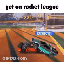 Two Cars Are Racing On A Track In A Video Game Called Rocket League GIF
