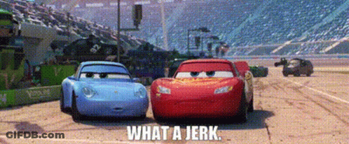 Two Cars On Race Track Saying What A Jerk GIF