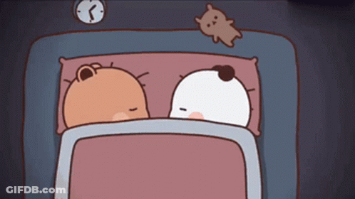 Two Cartoon Animals Are Sleeping In A Bed With A Clock In The Background GIF