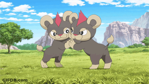 Two Cartoon Animals Hugging In Grassy Field GIF