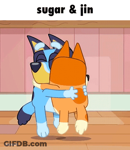 Two Cartoon Animals Hugging With The Words Sugar & Jin Below GIF