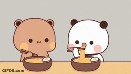 Two Cartoon Bears Are Eating Noodles With Chopsticks . GIF