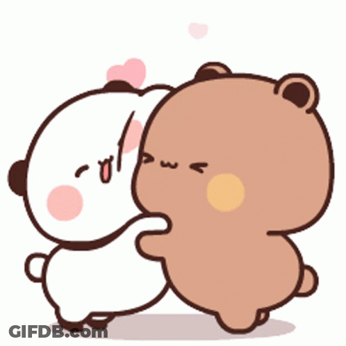 Two Cartoon Bears Are Hugging Each Other With Hearts Flying Around Them . GIF