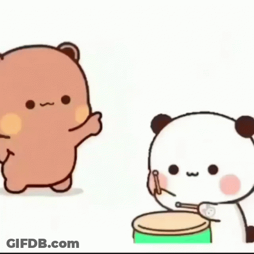 Two Cartoon Bears Are Playing Drums And One Is Holding A Drum Stick . GIF