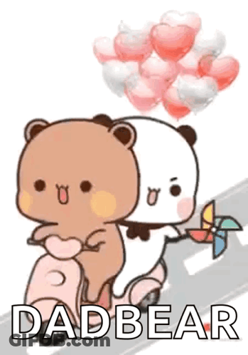 Two Cartoon Bears Are Riding A Scooter With Balloons And A Pinwheel . GIF