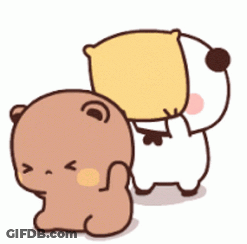 Two Cartoon Bears Are Standing Next To Each Other And One Is Holding A Yellow Pillow . GIF