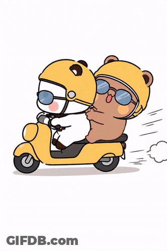 Two Cartoon Bears In Helmets And Sunglasses Riding Scooter GIF