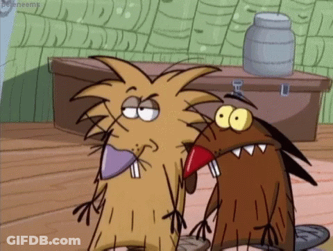 Two Cartoon Beavers Are Standing Next To Each Other And One Has A Purple Object In His Mouth GIF