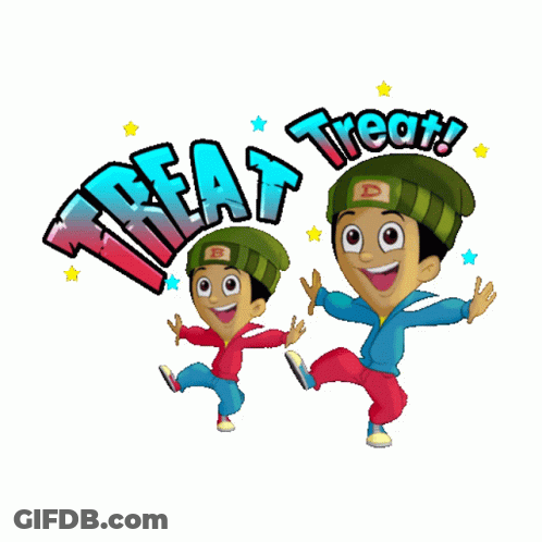 Two Cartoon Boys Dancing Near Treat Sign GIF