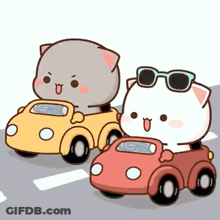 Two Cartoon Cats Are Driving Cars Down A Street . GIF