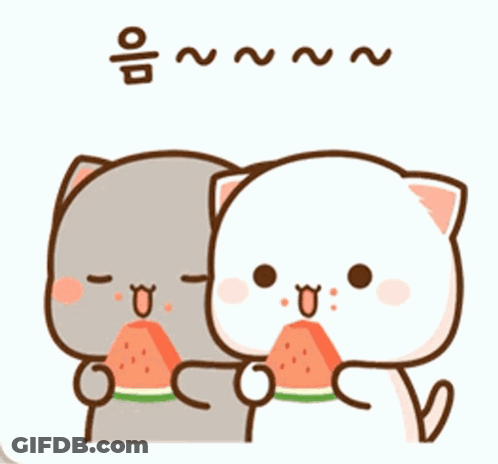 Two Cartoon Cats Are Eating Watermelon Together And One Of Them Is Holding A Slice Of Watermelon In Its Mouth . GIF