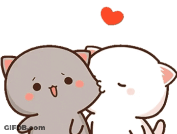 Two Cartoon Cats Are Kissing Each Other With A Heart Flying In The Air . GIF