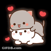 Two Cartoon Cats Are Laying On Top Of Each Other With Hearts Around Them . GIF