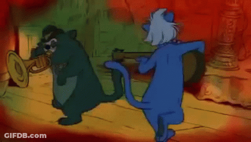 Two Cartoon Cats Are Standing Next To Each Other In A Dark Room . GIF
