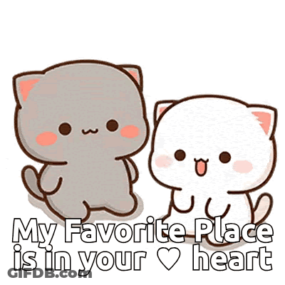 Two Cartoon Cats Are Standing Next To Each Other With The Words `` My Favorite Place Is In Your Heart '' Written On Them GIF