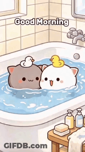 Two Cartoon Cats Bathing With Rubber Duck GIF