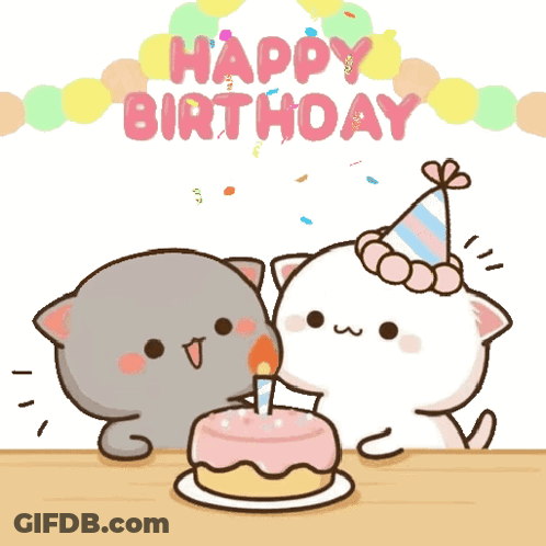 Two Cartoon Cats Celebrating Birthday Cake And Candles GIF