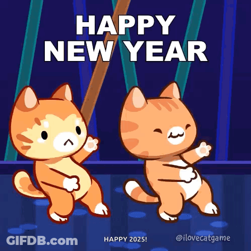 Two Cartoon Cats Dancing With Happy New Year GIF