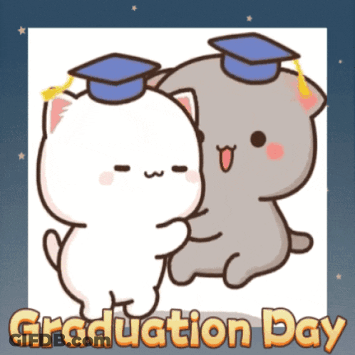 Two Cartoon Cats Hugging In Graduation Caps GIF