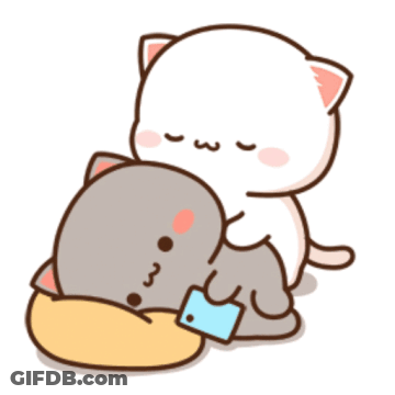 Two Cartoon Cats Hugging One Holding Cell Phone GIF