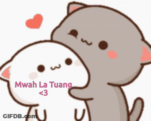 Two Cartoon Cats Hugging Saying Mwah La Tuang < 3 GIF