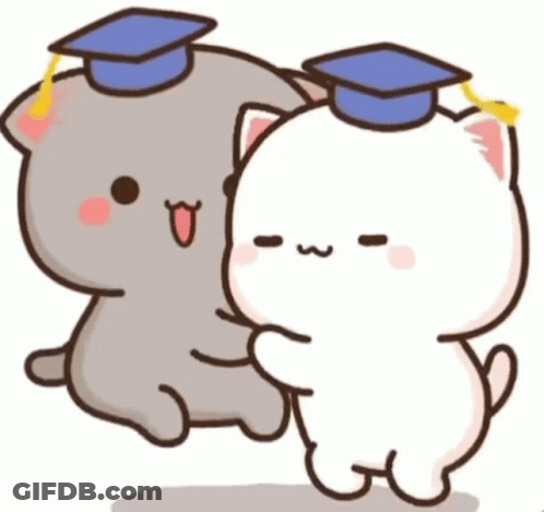 Two Cartoon Cats In Graduation Caps Hugging GIF