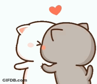 Two Cartoon Cats Kissing Each Other With A Heart Above Them . GIF