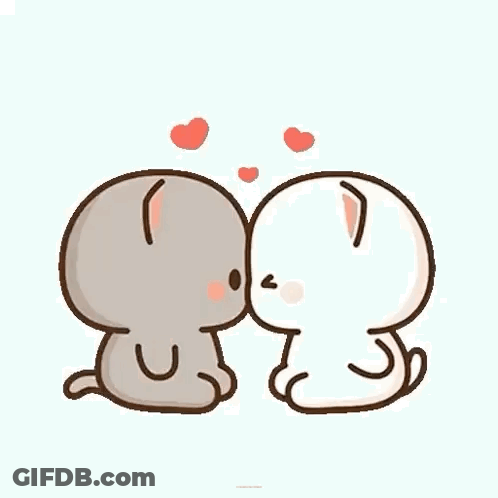 Two Cartoon Cats Kissing With Hearts GIF