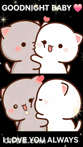 Two Cartoon Cats Kissing With The Words Goodnight Baby I Love You Always Below Them GIF