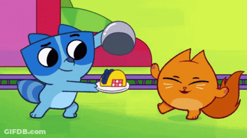 Two Cartoon Cats One Holding Plate With House GIF