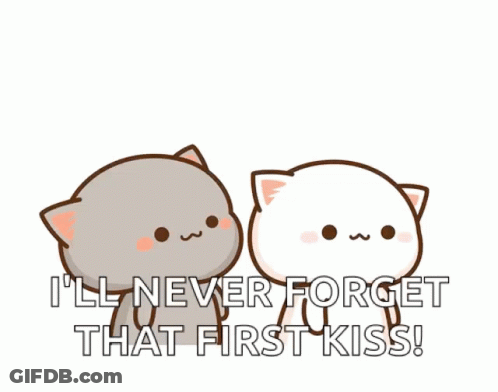 Two Cartoon Cats One Says I'll Never Forget That First Kiss GIF