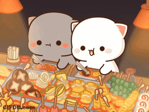 Two Cartoon Cats Sitting At Table GIF