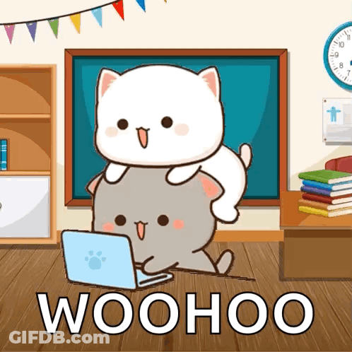 Two Cartoon Cats Sitting Next To Laptop GIF