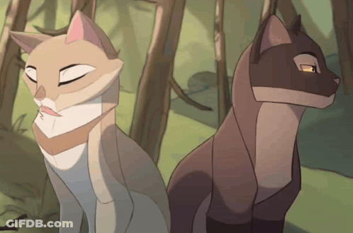 Two Cartoon Cats Standing Next To Each Other In The Woods GIF