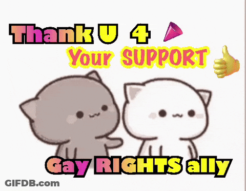 Two Cartoon Cats Standing Next To Each Other With The Words " Thank U 4 Your Support Gay Rights Ally " GIF