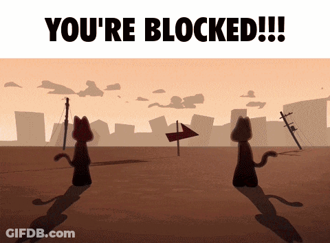Two Cartoon Cats Standing Next To Each Other With The Words " You 'Re Blocked " Below Them GIF