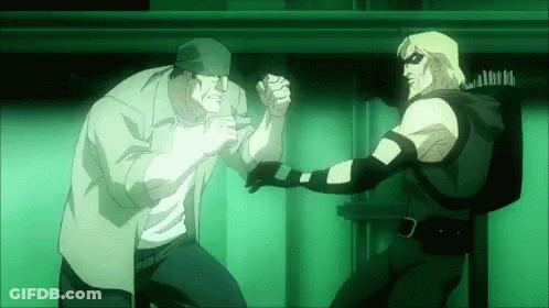 Two Cartoon Characters , A Man And A Green Arrow , Are Fighting Each Other In A Green Room . GIF
