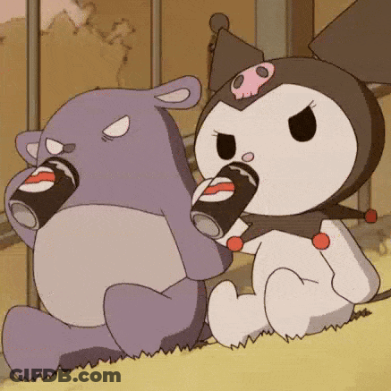 Two Cartoon Characters , A Purple Rhino And A White Teddy Bear , Are Drinking Soda . GIF