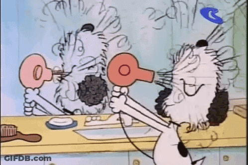 Two Cartoon Characters Are Blow Drying Their Hair In A Bathroom GIF