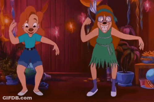 Two Cartoon Characters Are Dancing In A Room With Balloons And Potted Plants . GIF