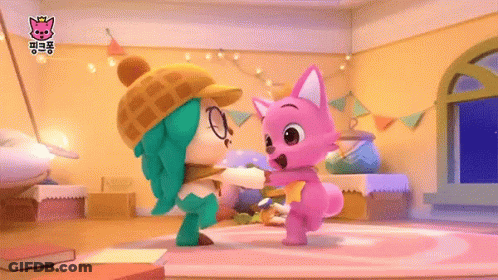 Two Cartoon Characters Are Dancing In A Room With Chinese Writing On The Bottom GIF