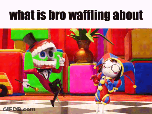 Two Cartoon Characters Are Dancing In A Room With The Words " What Is Bro Waffling About " Below Them GIF