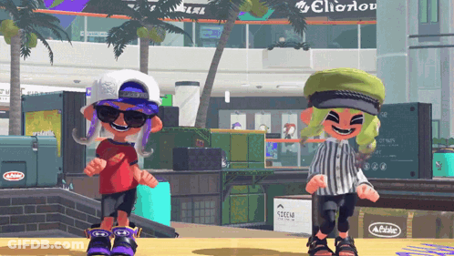 Two Cartoon Characters Are Dancing In Front Of A Building That Says Ellionow GIF