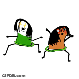 Two Cartoon Characters Are Dancing With Hula Hoops On Their Heads GIF