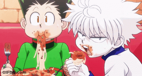 Two Cartoon Characters Are Eating Noodles With Forks GIF