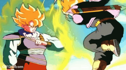 Two Cartoon Characters Are Fighting Each Other And One Has A Sword In His Hand GIF