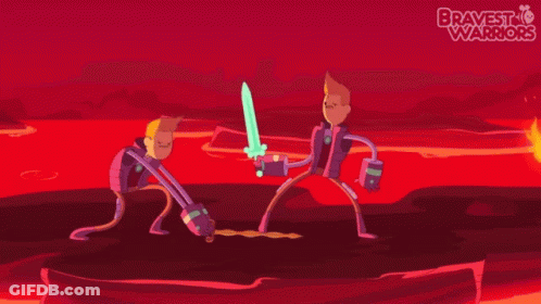 Two Cartoon Characters Are Fighting With Swords And The Words Bravest Warriors Are On The Bottom GIF