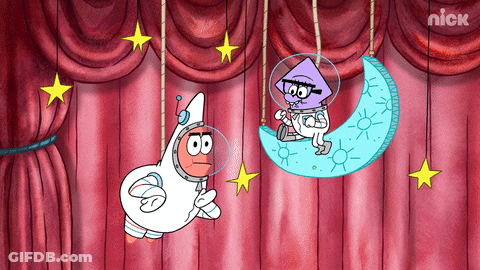 Two Cartoon Characters Are Hanging From A Curtain With The Nick Logo On The Bottom Right Corner GIF
